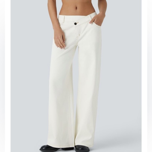 HALARA Denim - Halara off white asymmetrical low rise waist soft denim wide leg jeans, new